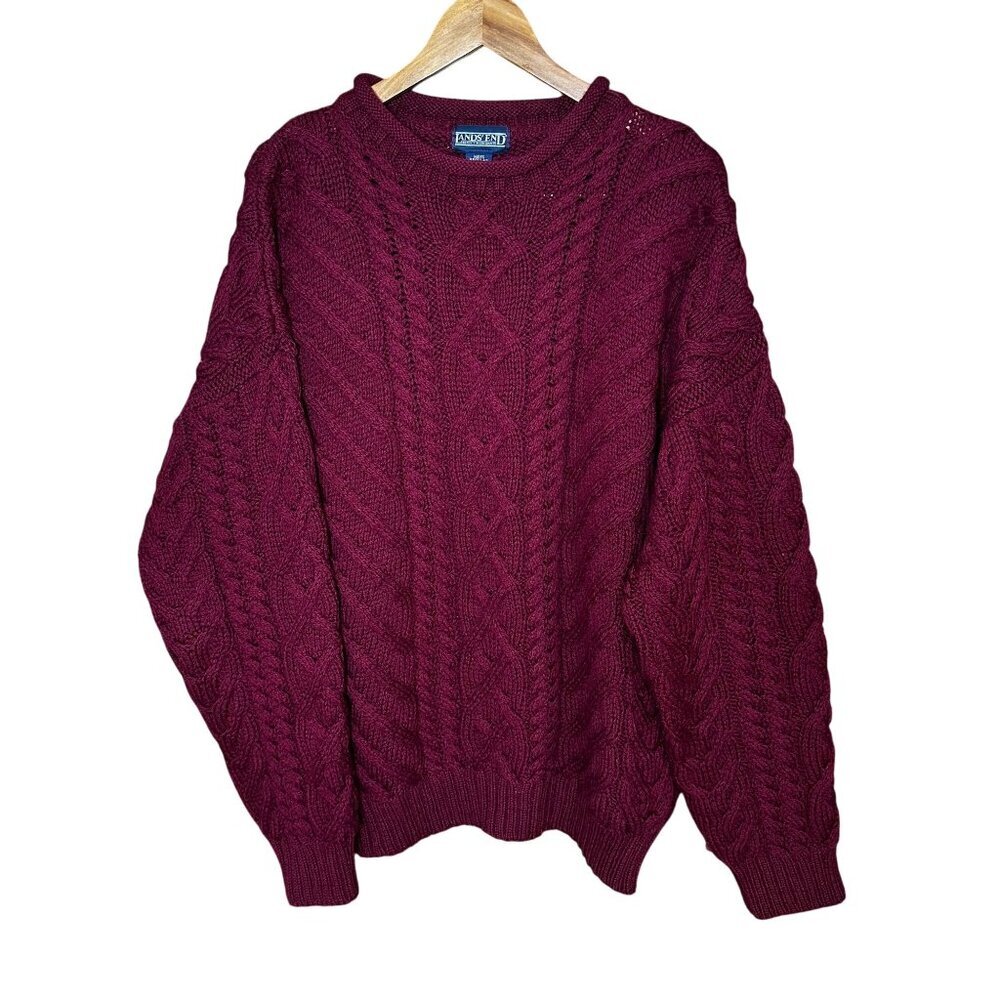 Lands End 100% Pure Wool Fisherman Cable Knit Sweater Berry Mens Medium England